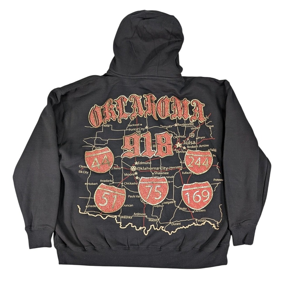 Big Tiger Hoodie Mens 2XL Oklahoma 918 Highway Map‎ Full Zip Super Heavyweight